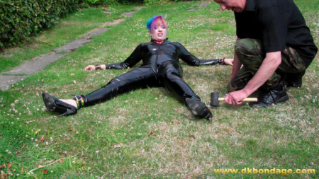 D K Bondage - Mog Is Pegged Out In The Garden